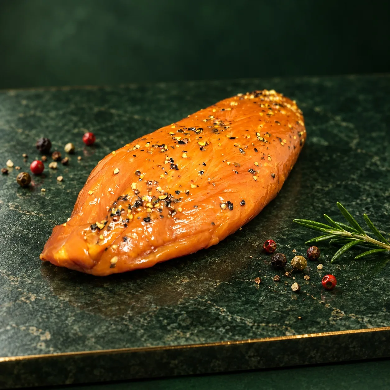 Carpaccio de dinde Mon Deliss sur un plateau de marbre vert, poivres et romarin