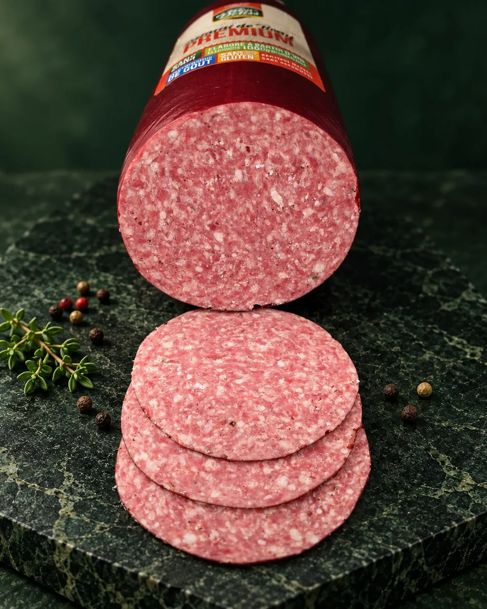 Salami de bœuf halal Mon Deliss, entamé, devant trois rondelles